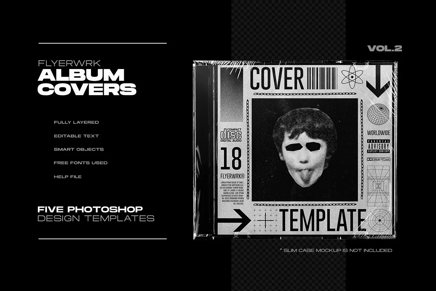 Features list for cover design templates volume two highlighting fully layered files and smart objects