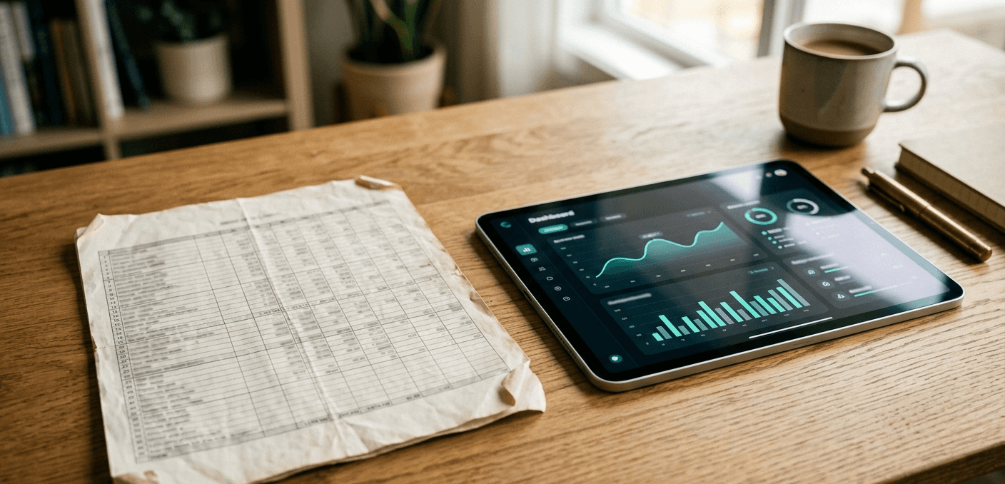 Printed spreadsheet on a desk next to a tablet showing a modern analytics dashboard