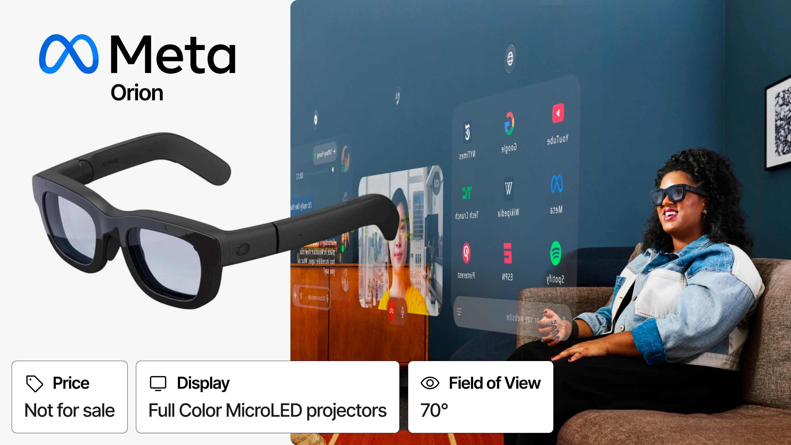 Meta Orion glasses beside a seated person viewing a spatial interface.