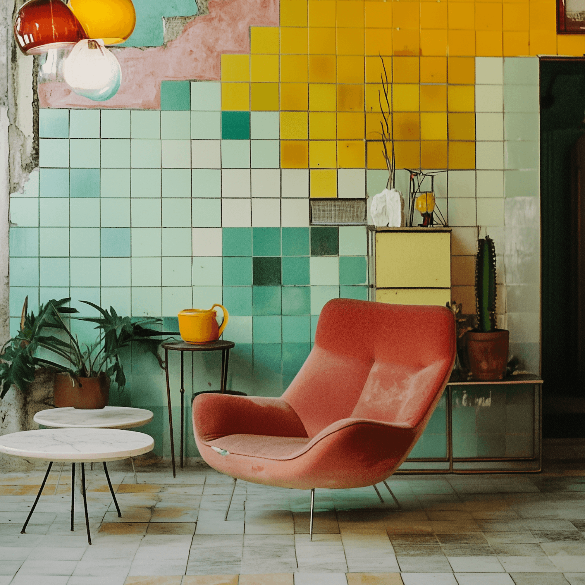 A curved terracotta lounge chair against a wall of pastel green and yellow tiles.