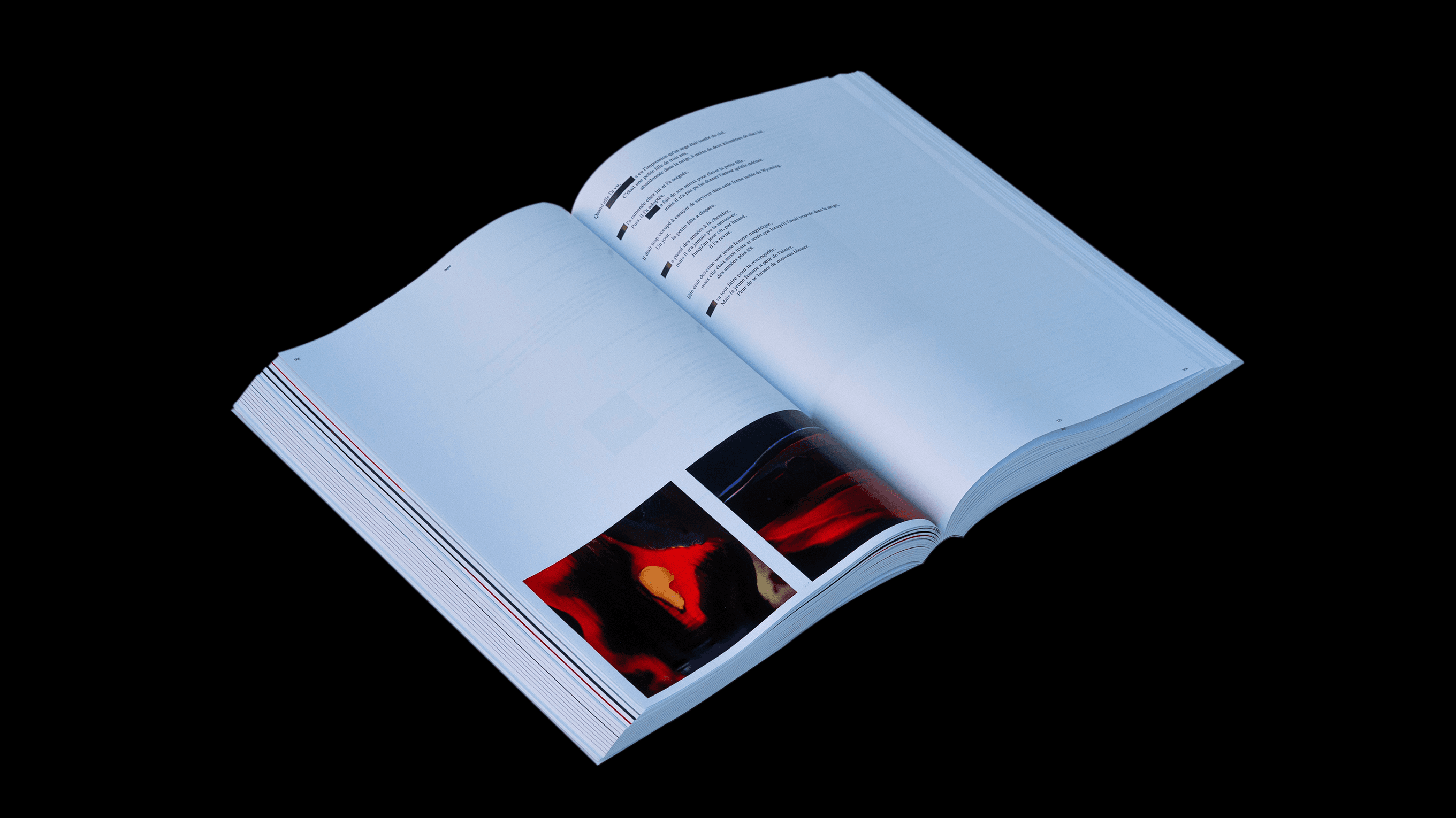 Editorial spread from À la Recherche showing abstract AI-generated red and black visuals in a clean book layout
