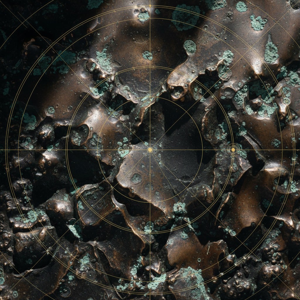 Oxidised bronze with umber and verdigris patina.