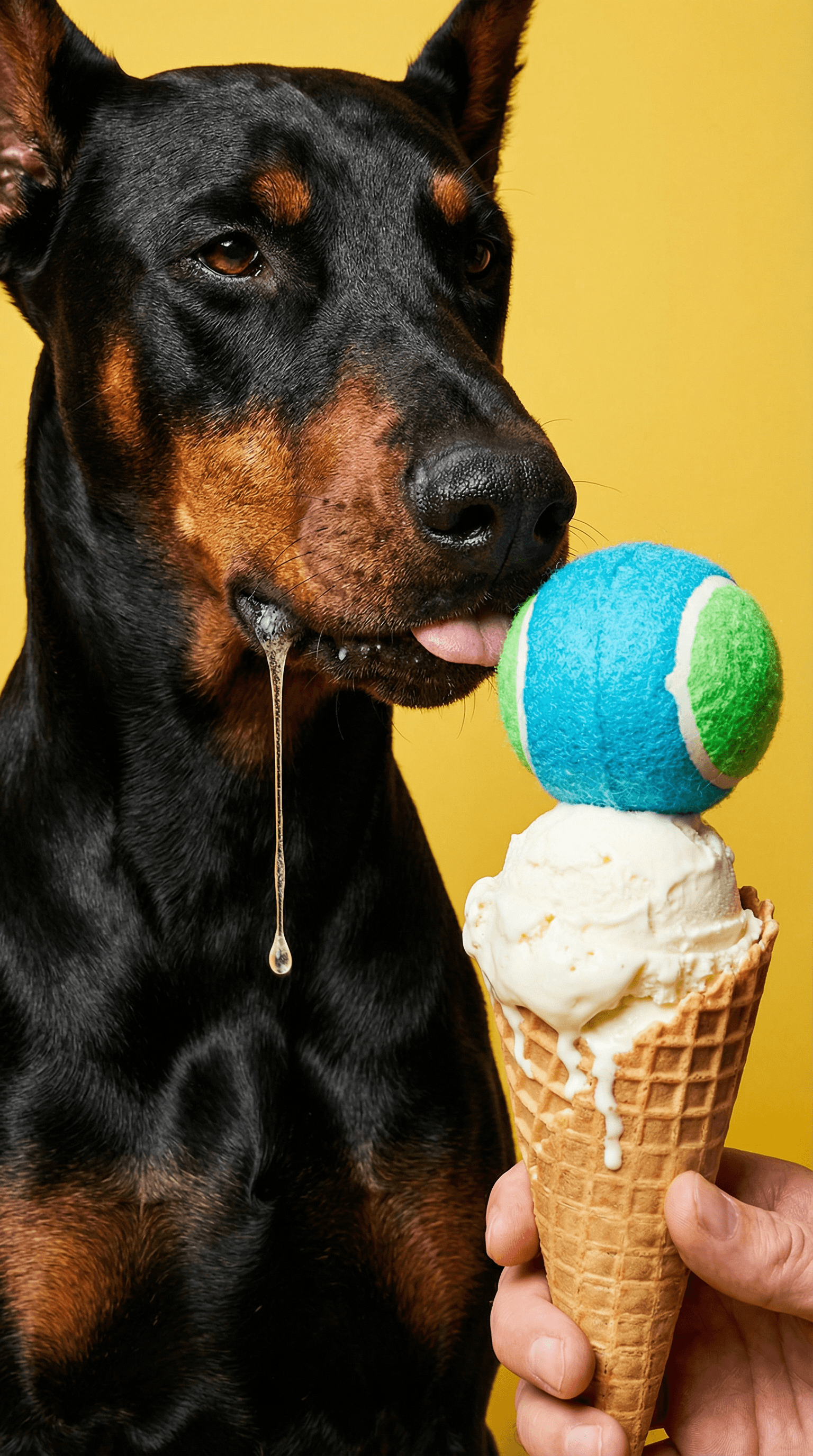 Doberman licking a tennis ball on top of an ice cream cone against a bright yellow background