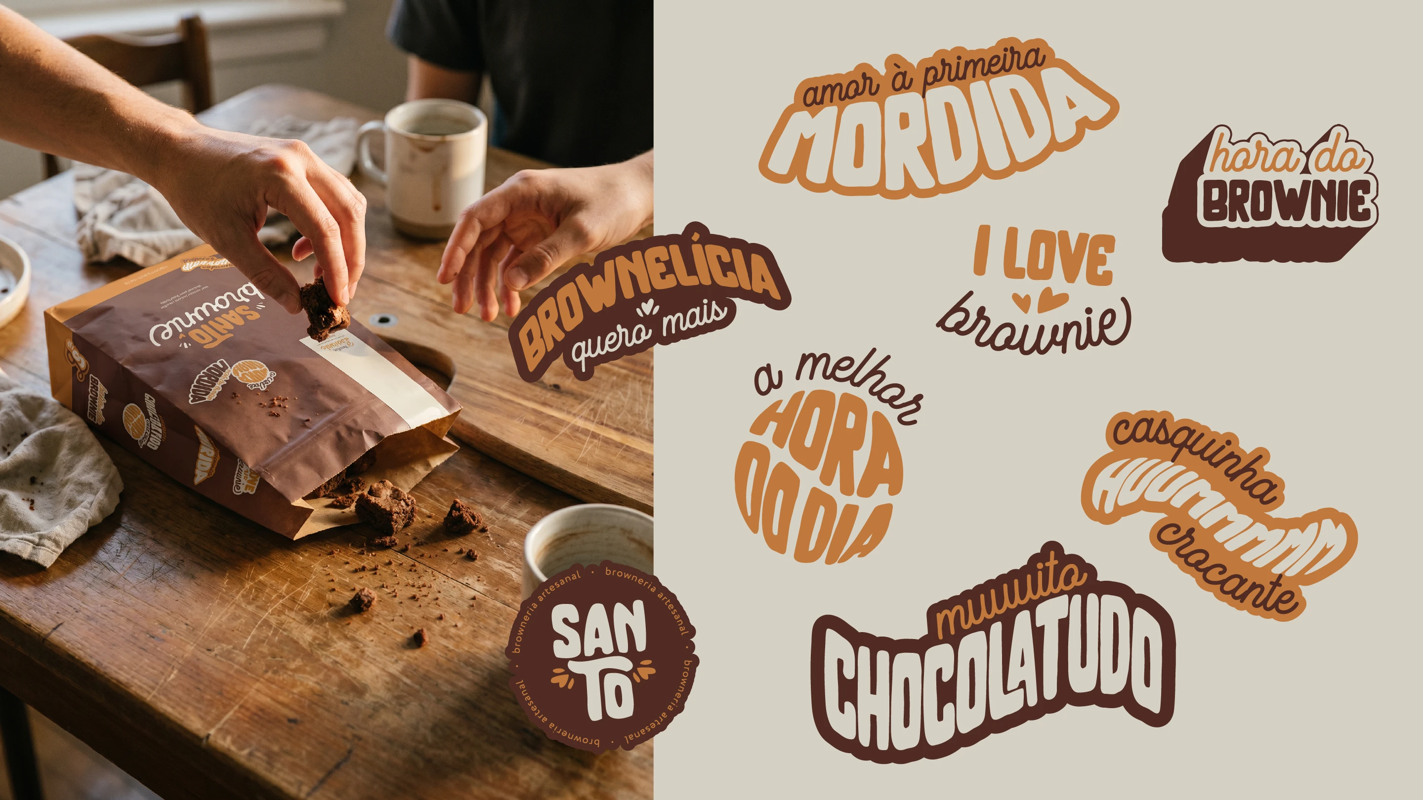 Split image showing a hand pulling a brownie piece from an open Santo Brownie bag on the left, and a collection of hand-lettered brand stickers on the right.