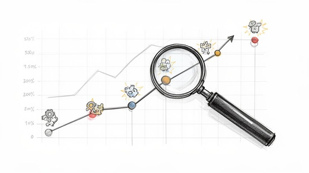 Magnifying glass over a hand-drawn graph with rising data points and illustrated icons, showing analysis.