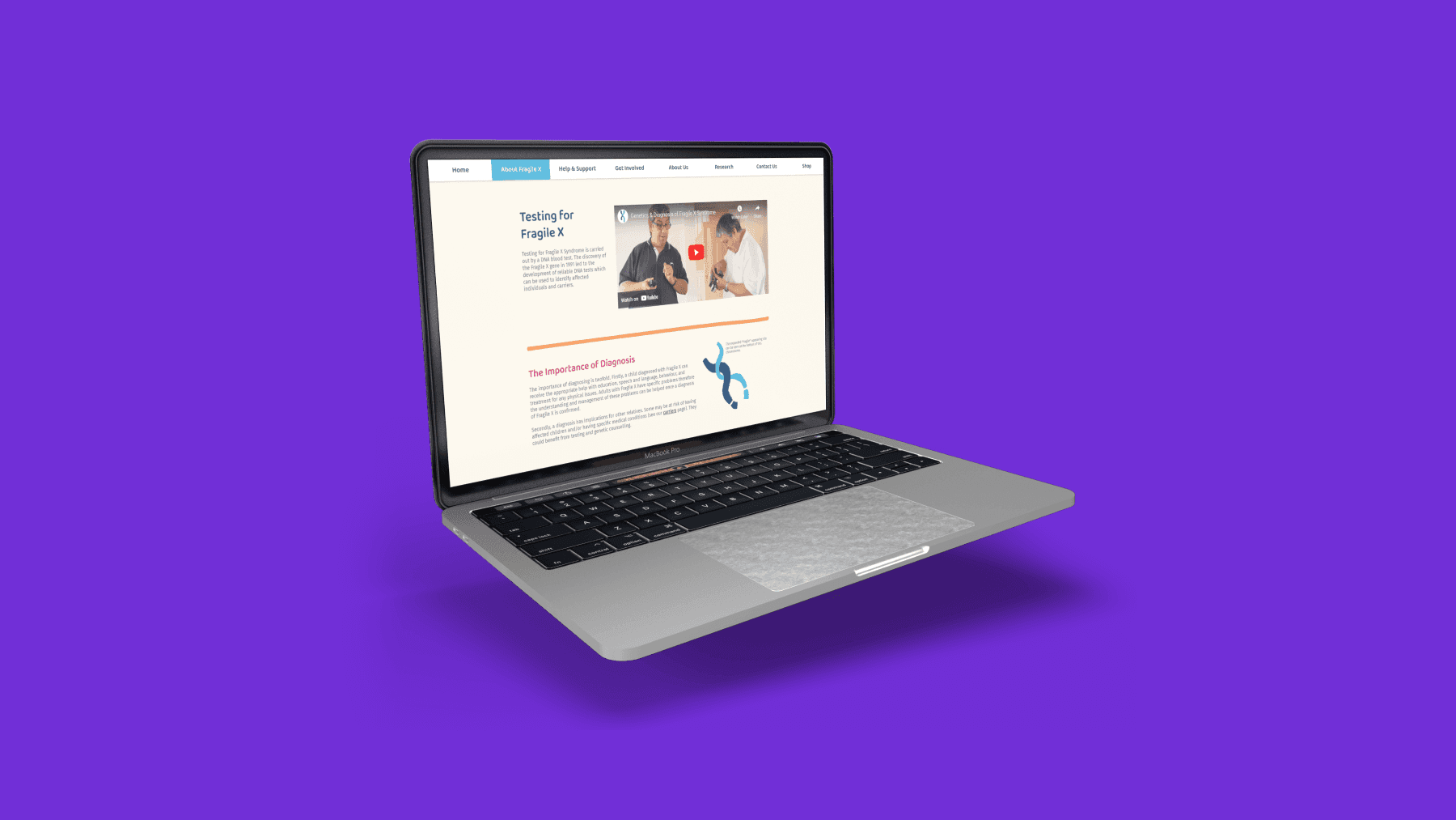 The Fragile X Society updated website Testing for Fragile X page on laptop on purple background