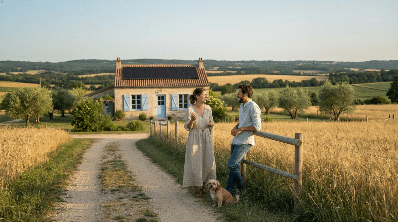 Deux personnes discutent dans la campagne autour du programme de parrainage Solarock. L’une d’elles recommande le programme, car elle dispose déjà d’une installation solaire Solarock, visible juste derrière.