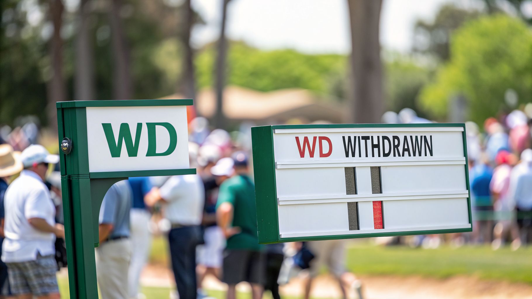 Two prominent golf signs on a green course, clearly displaying 'WD' and 'WITHDRAWN', signifying a player's status.
