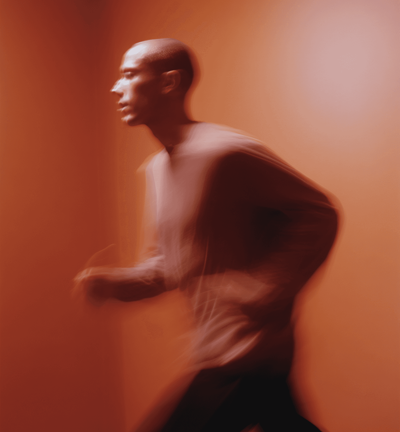 A man is running energetically in a spacious indoor room with bright lighting.