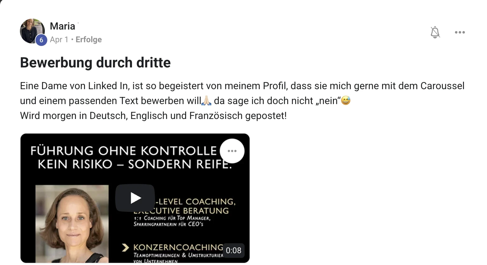 Erfolgsbericht KI Creator Akademie: CEO-Coach Maria wird auf LinkedIn eigenständig weiterempfohlen