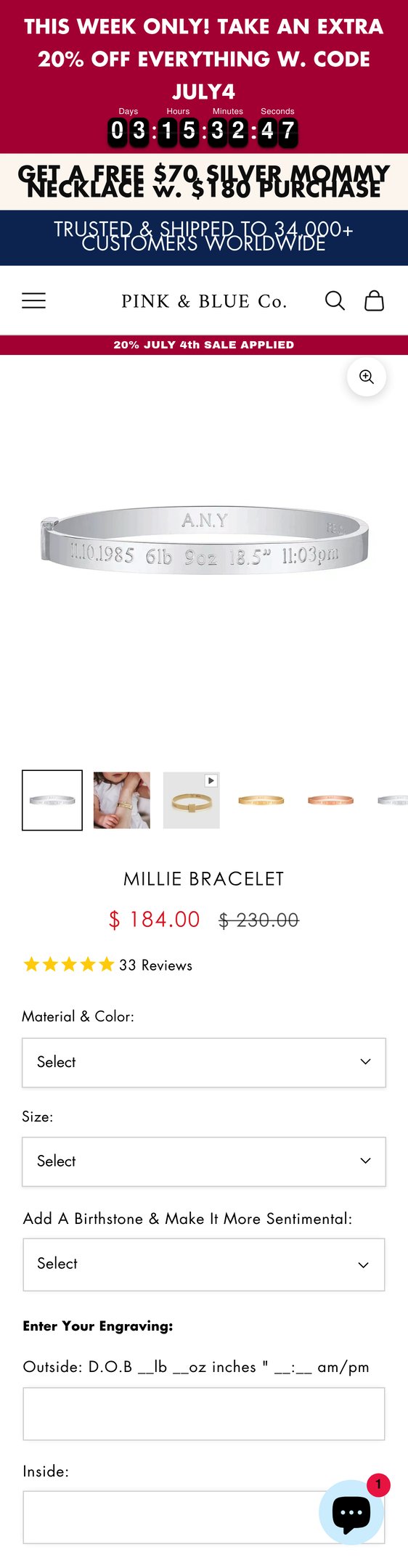 Jewelry product options include: bracelet, birthstone for Millie Bracelet from Pink & Blue Co..