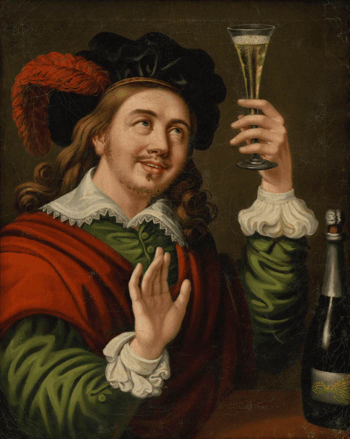 A man in 17th-century attire raises a glass in celebration, with a bottle of champagne beside him.