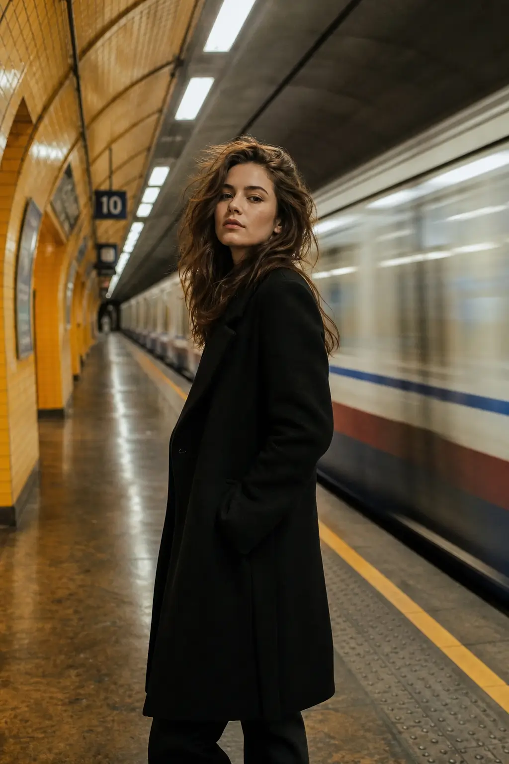 AI-generated female fashion portrait of a woman in a long black coat standing on a subway platform with urban motion blur in the background.