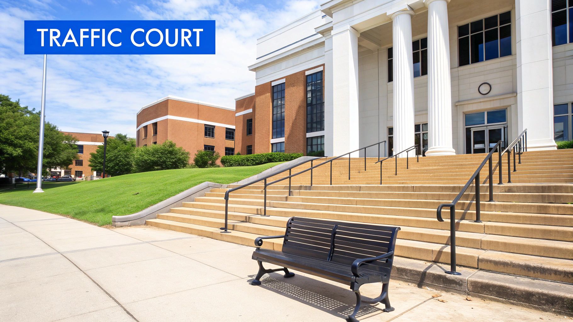 A grand courthouse building with 'TRAFFIC COURT' sign, wide stairs, columns, and a bench.
