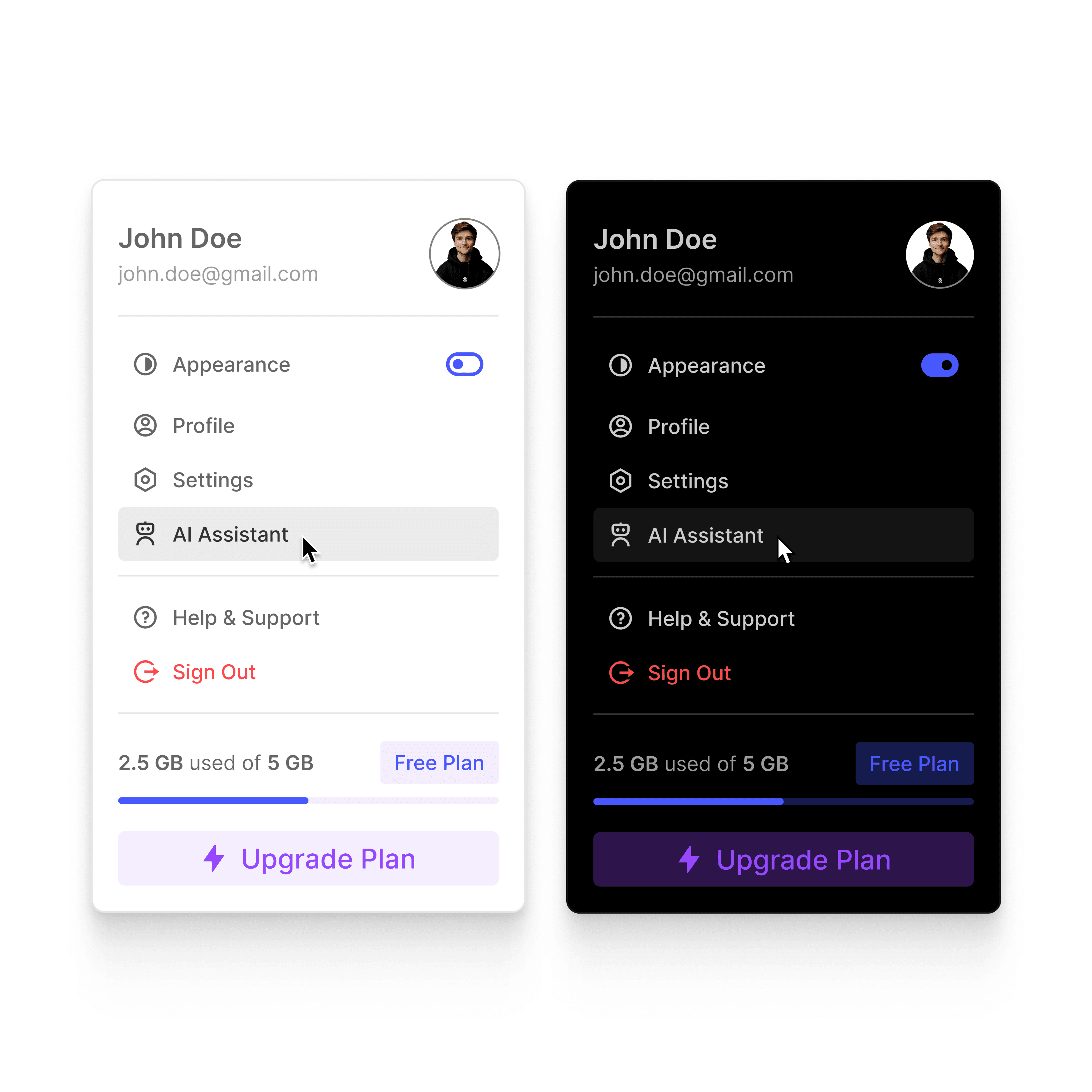 The image shows two user account interface panels in light and dark mode, each displaying options for "Appearance," "Profile," "Settings," "Help & Support," and "Sign Out," along with a progress bar indicating storage usage and an "Upgrade Plan" button at the bottom.