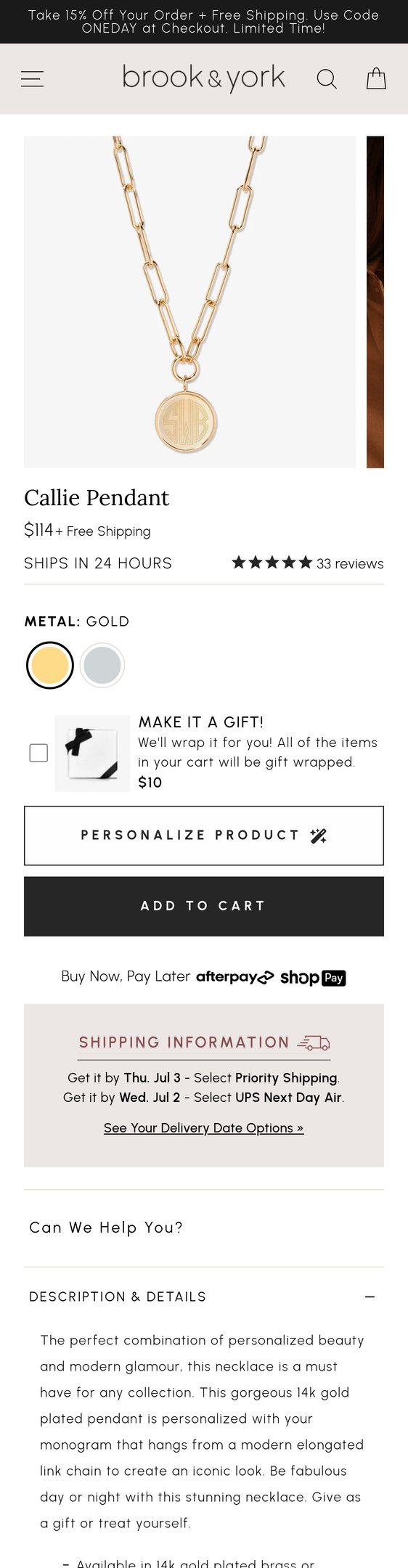 Jewelry product options include: necklace, pendant, chain for Callie Pendant from Brook & York.