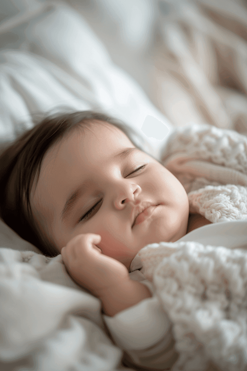 A peaceful sleeping baby wrapped in a soft, cream-colored blanket rests serenely against plush white bedding, epitomizing tranquility and innocence.