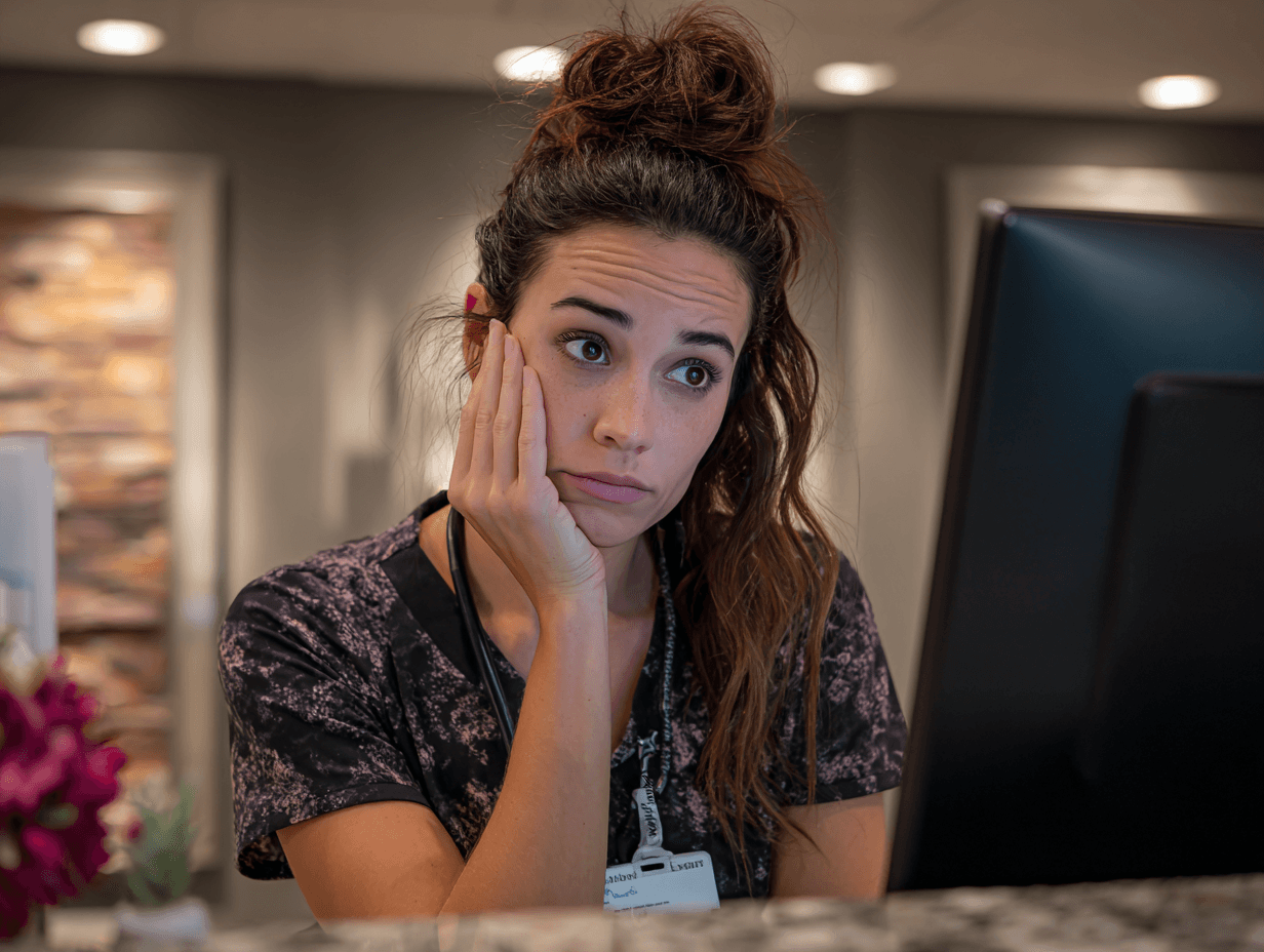 A MedSpa receptionist at her desk looking stressed while checking messages and missed calls. The image illustrates slow lead follow-up and potential revenue leaks that ClinicROI helps identify and measure.