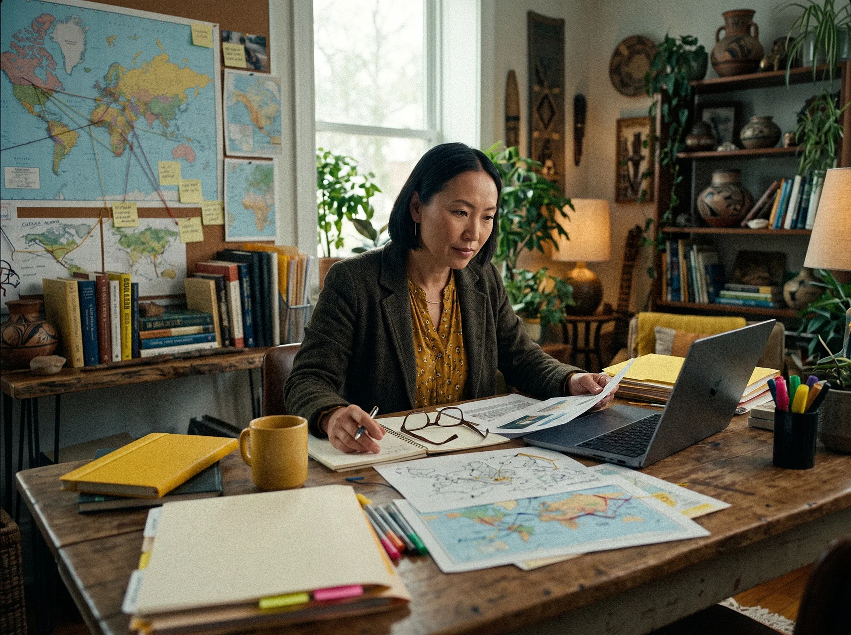 East Asian woman researching cultural profiles at desk with world maps and sticky notes - Cultural Navigator insights