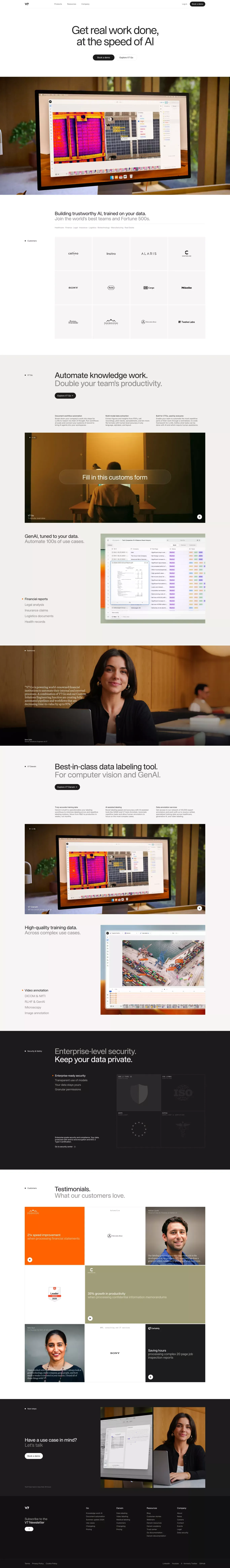 V7 landing page screenshot showcasing AI and Tech design