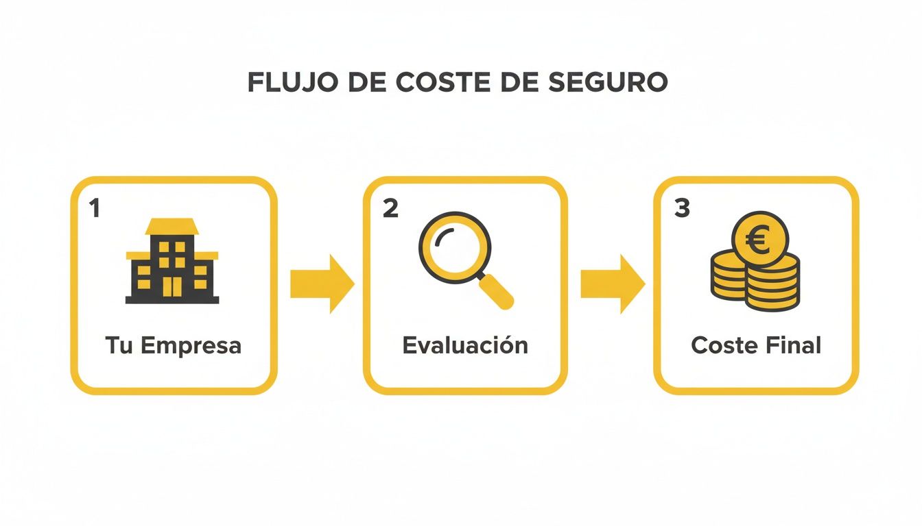 Flujo que muestra los tres pasos para determinar el coste final de un seguro: empresa, evaluación y coste.