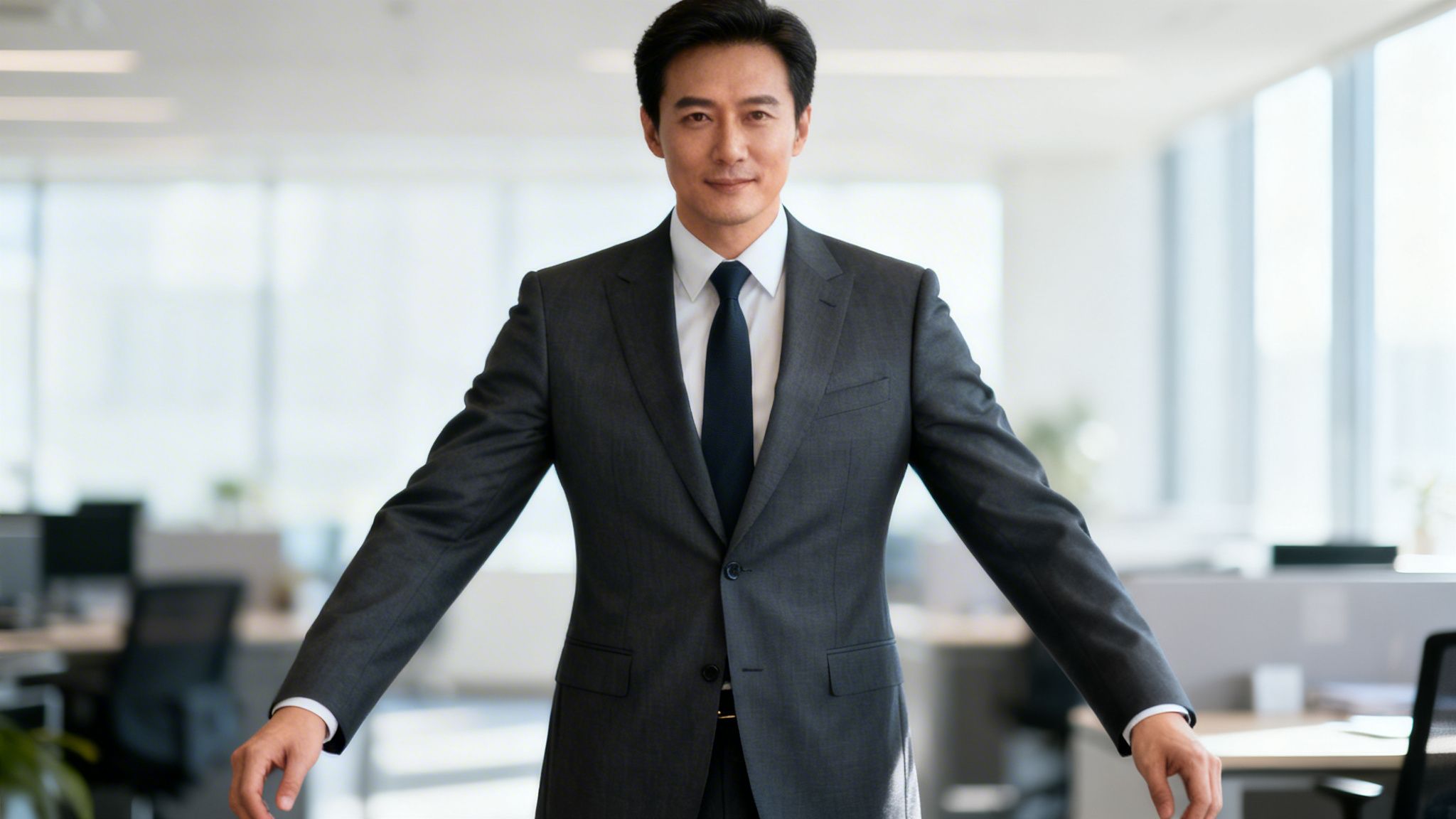 Ein lächelnder asiatischer Geschäftsmann im Anzug steht selbstbewusst in einem modernen Büro.