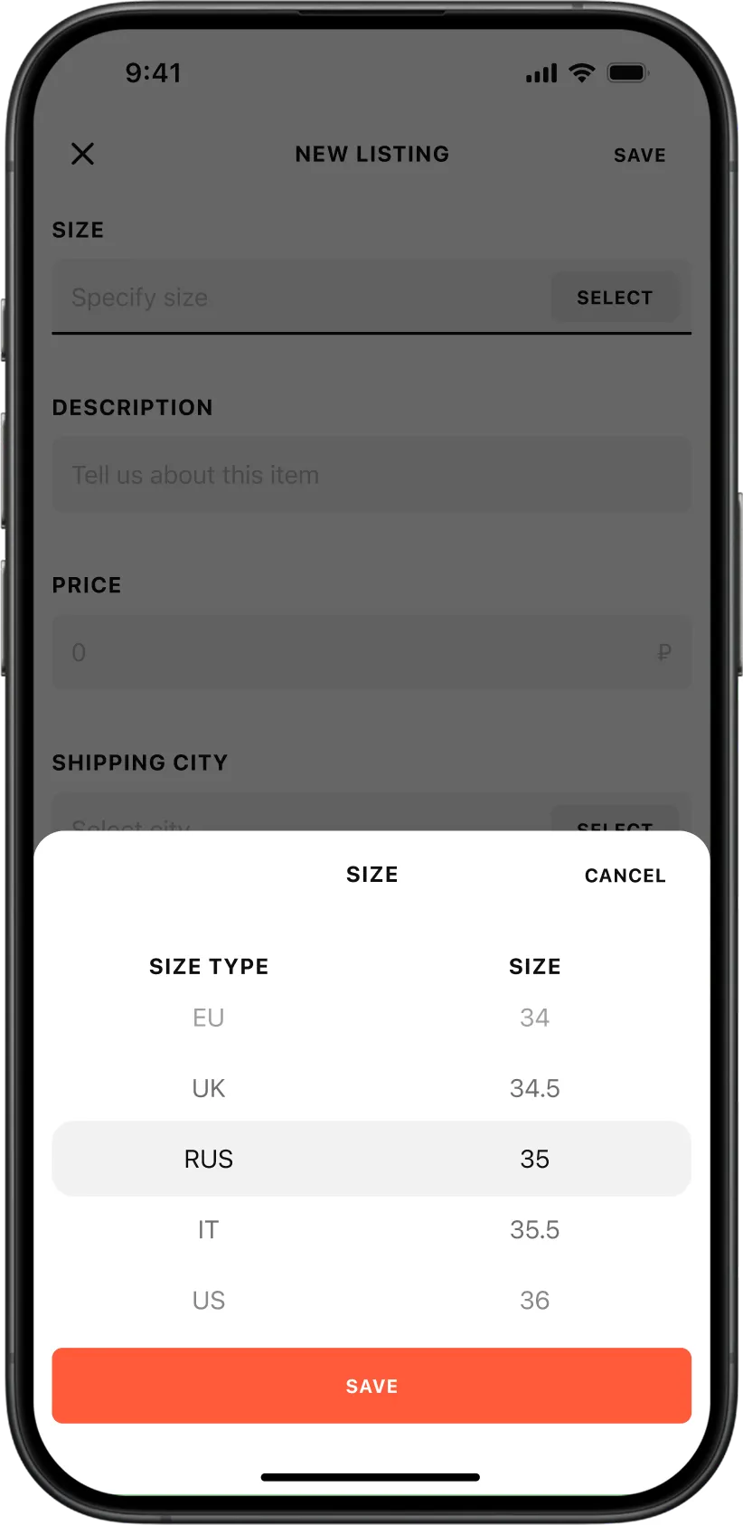 Size selection bottom sheet in the Tuff Stuff marketplace app, shown over the new listing form with size type options, converted sizes, selected size, and save action.