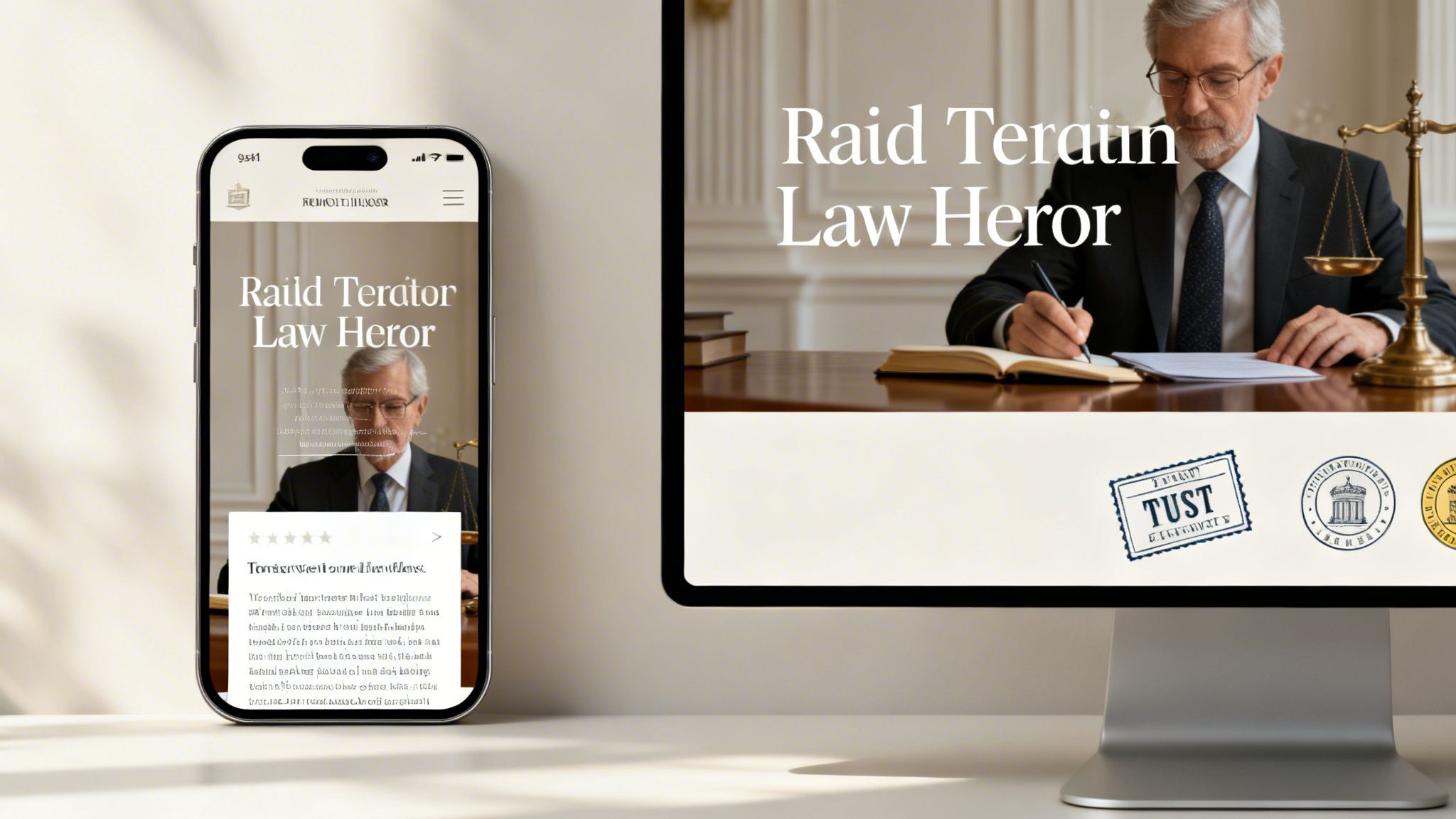 Responsive web design for a law firm, displayed on a desktop monitor and a smartphone screen.