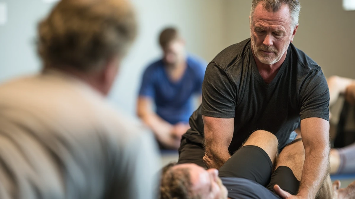 A facilitator checking a client's position on the floor during a TRE session.
