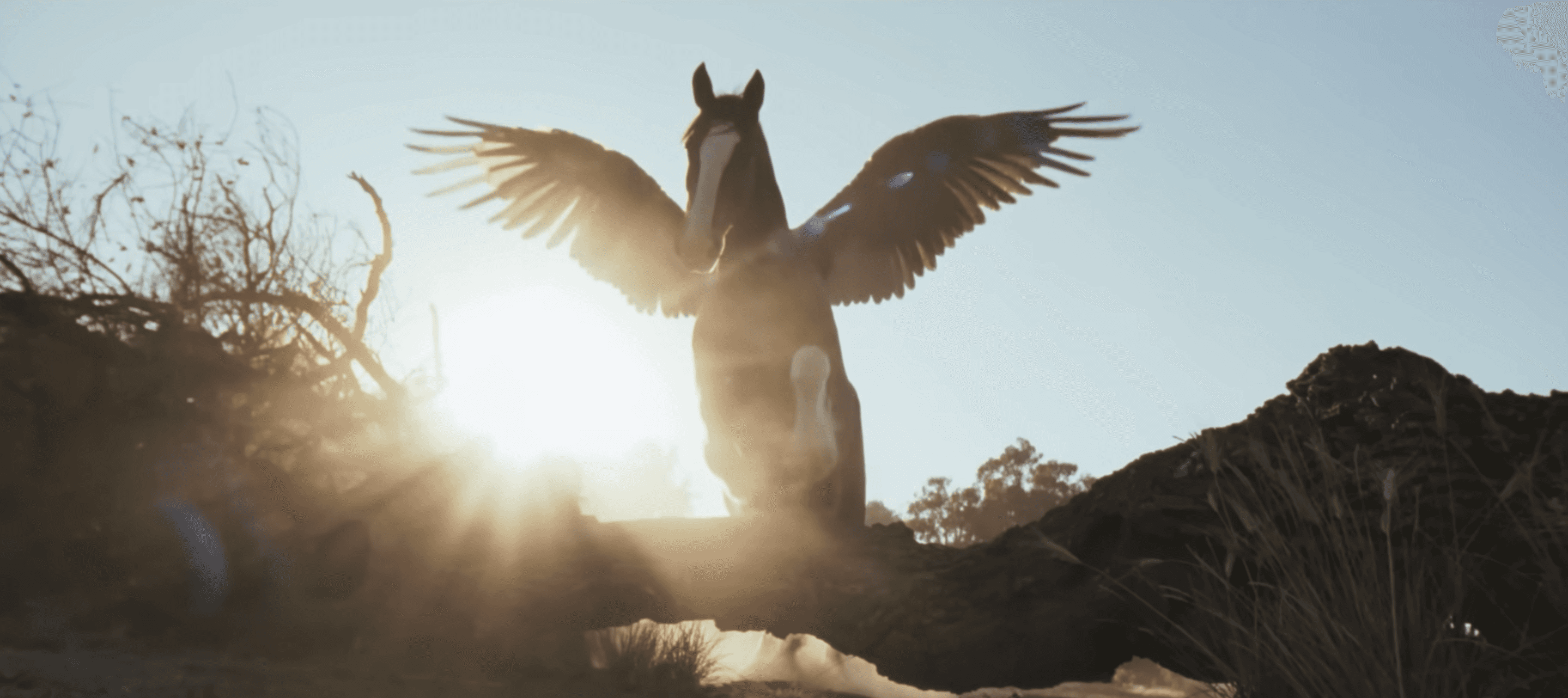 A majestic brown Pegasus with wide, feathered wings leaps over a fallen, mossy log in a sun-drenched landscape. The sun shines brilliantly from the left, creating a warm golden glow and a slight lens flare that illuminates the scene. The mythical horse features a white blaze on its face and white markings on its legs, frozen in mid-air against a clear, pale blue sky. Tangled dry brush and distant trees frame the background, emphasizing the magical and cinematic nature of the creature’s flight.