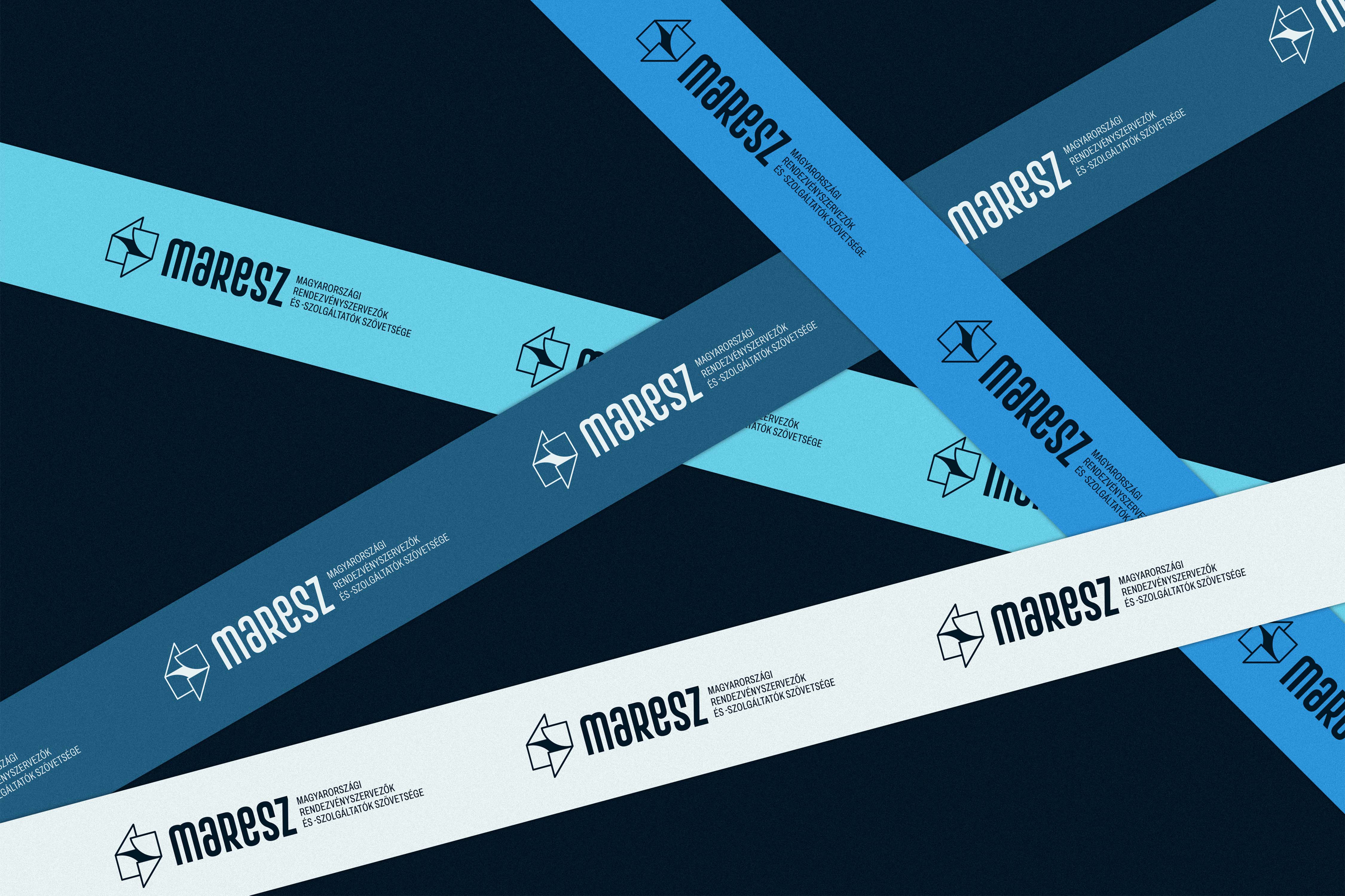 Thumbnail image: diagonal brand ribbons in blue tones repeating the logo and full name - MaReSz, an event association brand identity.