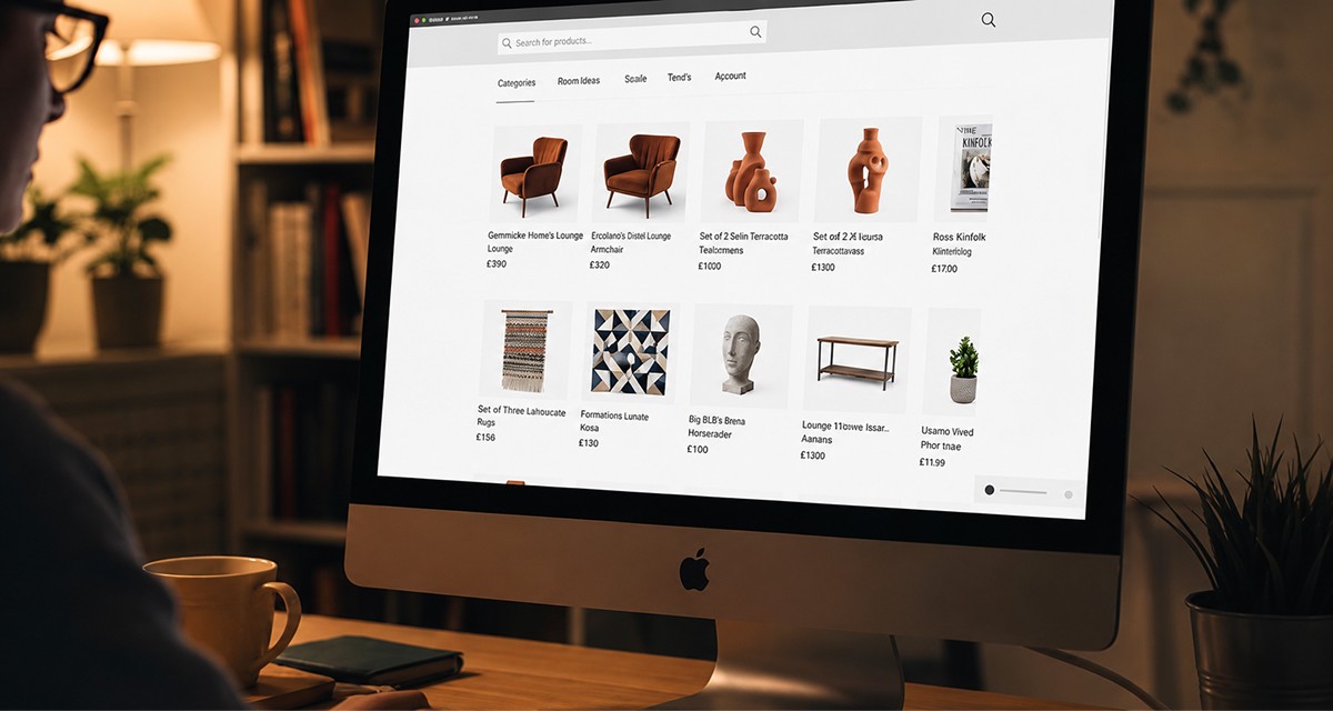 A user browsing a high-end furniture and home decor e-commerce site on an iMac, demonstrating ThePackengers' seamless integration with luxury retail platforms.