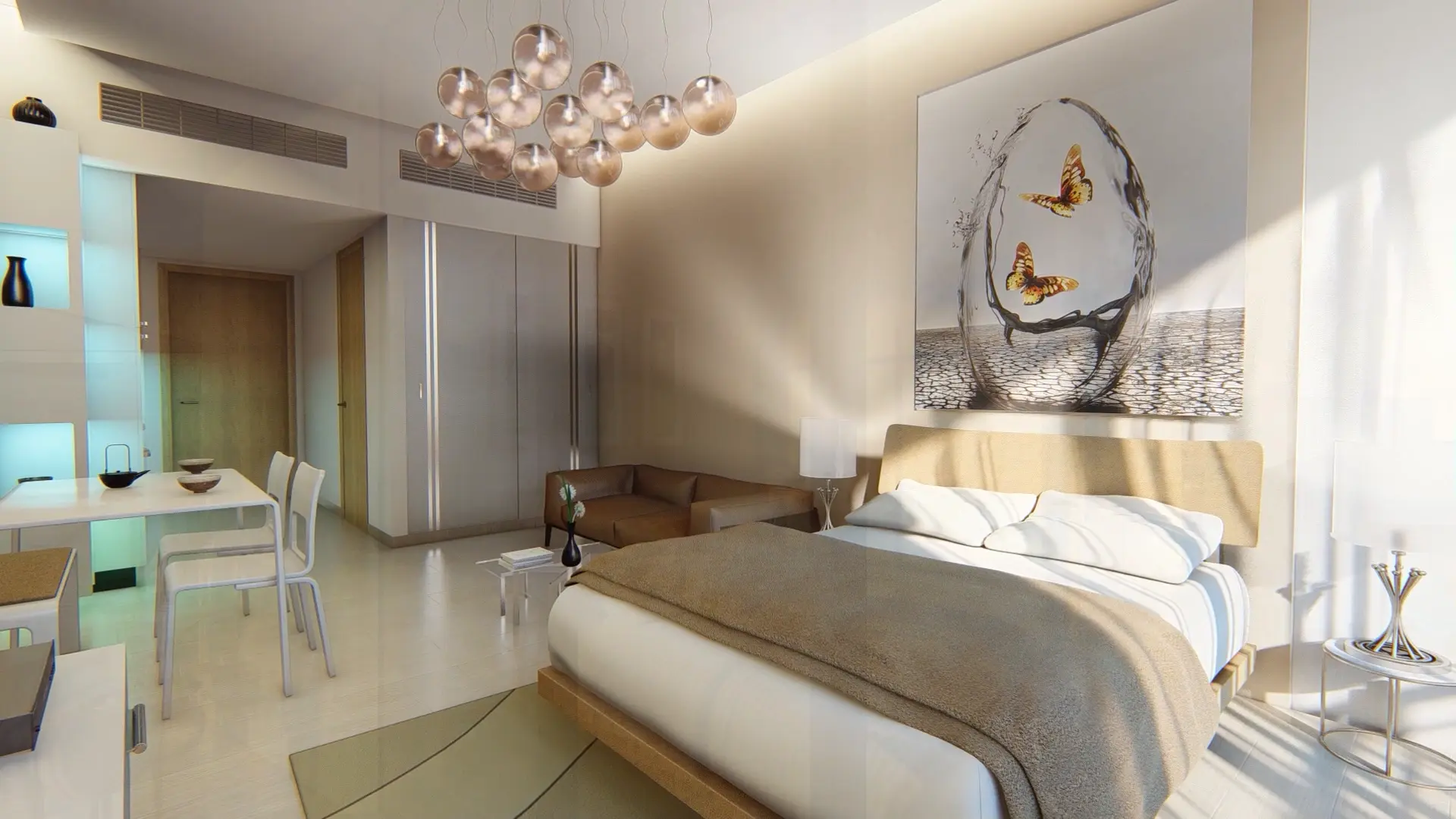 Contemporary bedroom with a bed, desk, and TV, situated on Samana Golf Avenue.