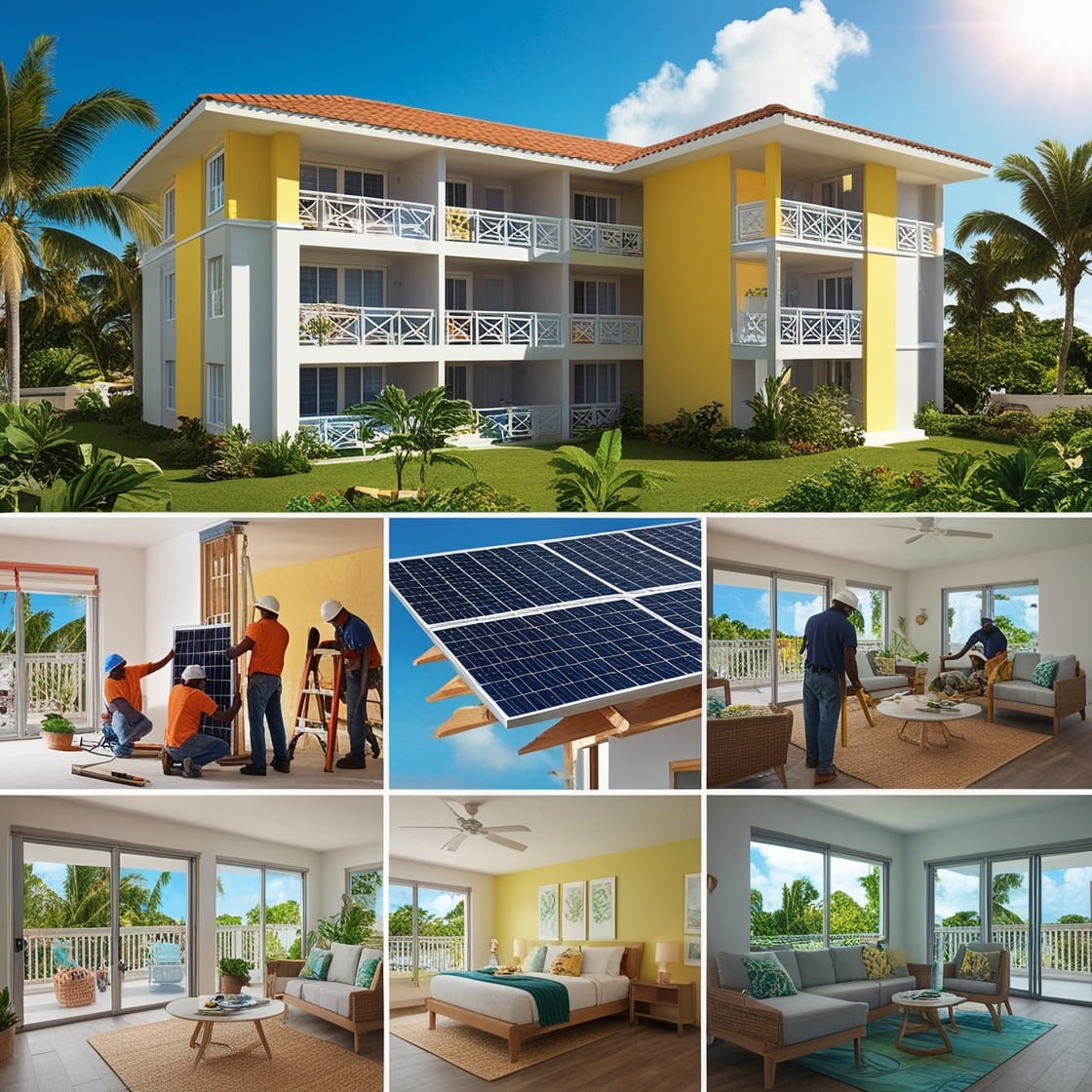 Rénovation d'un immeuble aux Antilles avec installation de panneaux solaires, amélioration de l'isolation et remplacement des fenêtres pour une meilleure efficacité énergétique dans un cadre tropical.