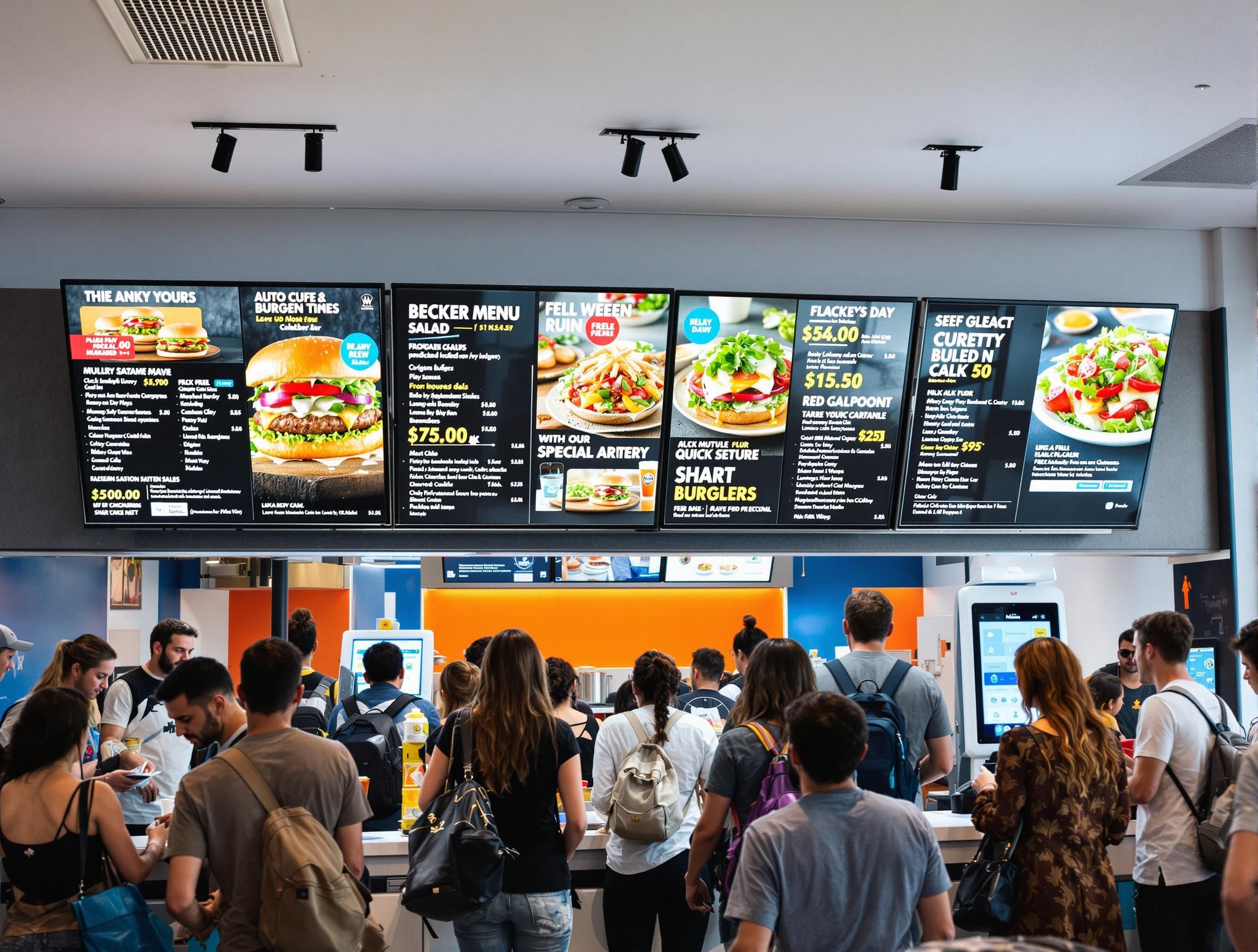 QSR digital menu board displaying food items and promotions