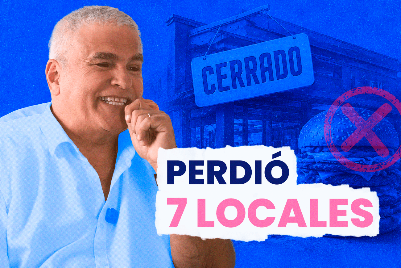 Nicolás Larraín sonriendo frente a un local cerrado y una hamburguesa tachada, en el cápitulo de Cuentas Claras sobre el cierre de sus siete locales de Lomitón.