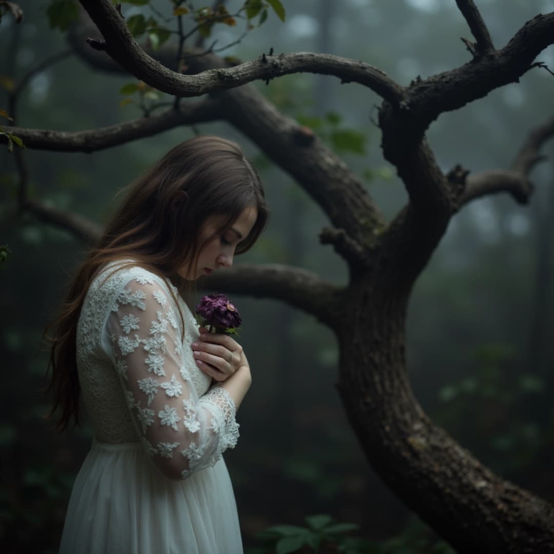 ein mädchen mit weißem kleid, das blumen hält