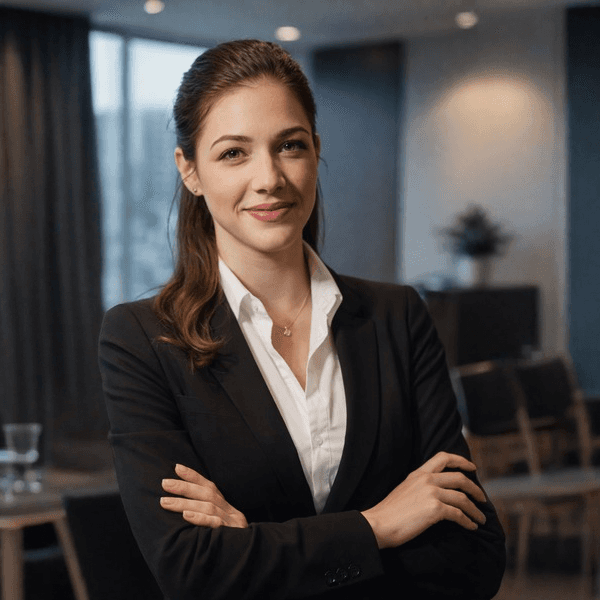 Businesswoman in black suit, smiling in office.