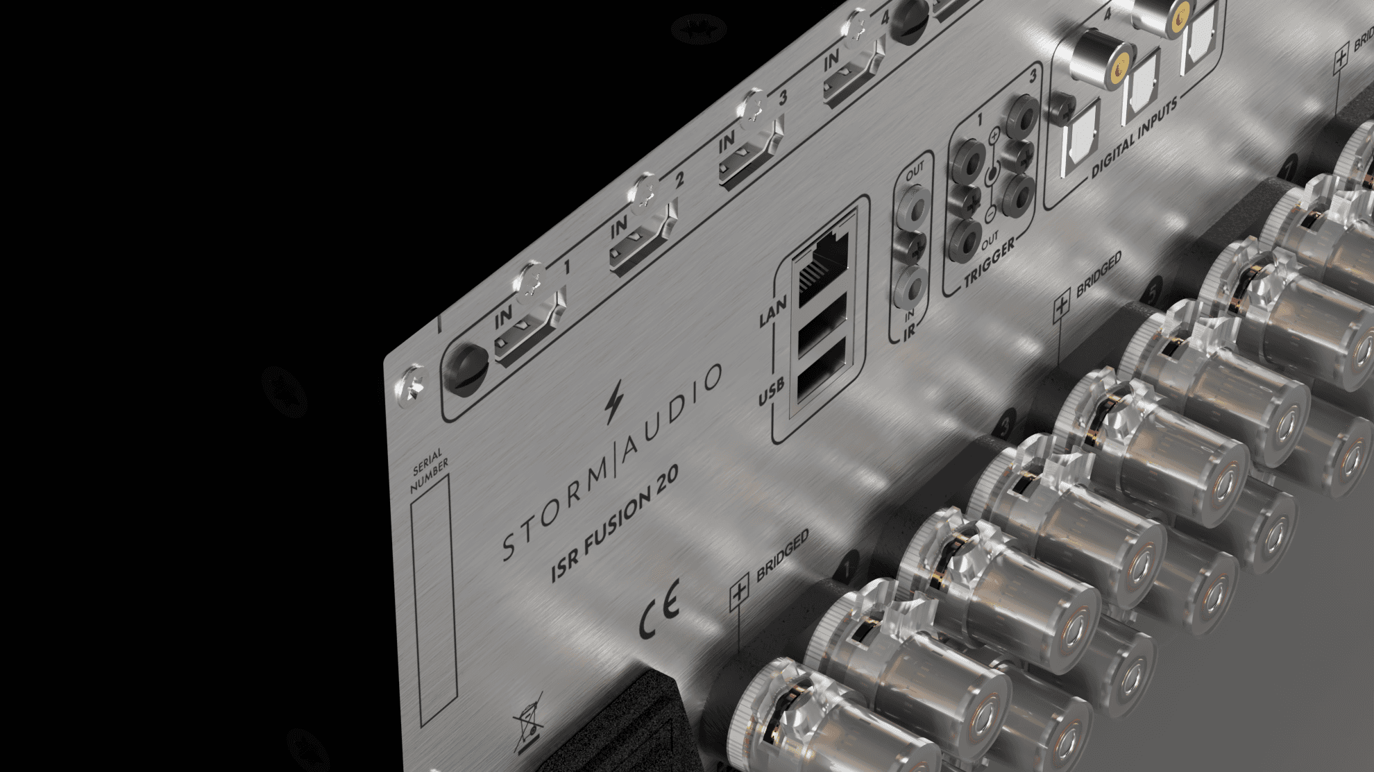 Aluminum rear panel of Stormaudio ISR Fusion 20 with ports.
