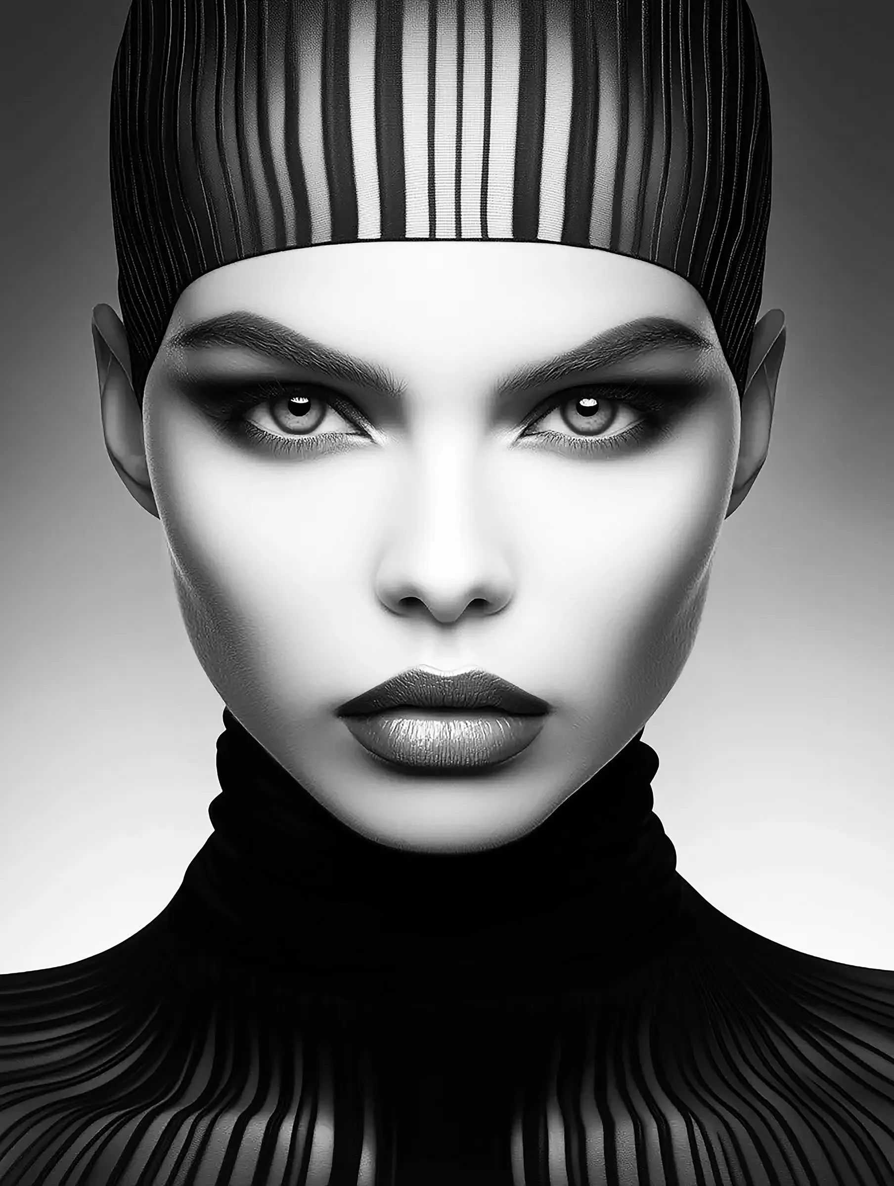  Monochromatic Portrait Futuristic black and white portrait of a woman with intense eyes, bold eyebrows, and striped attire
