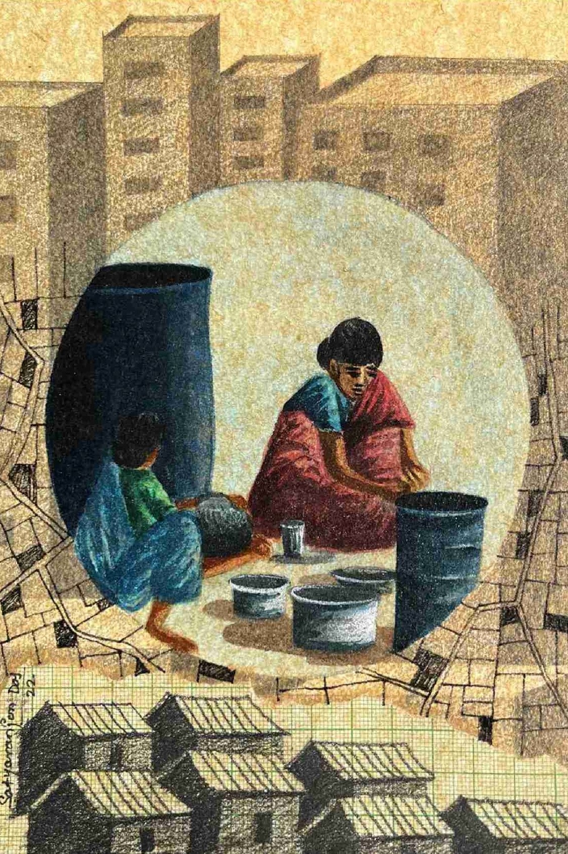 herd of sheep on road painting