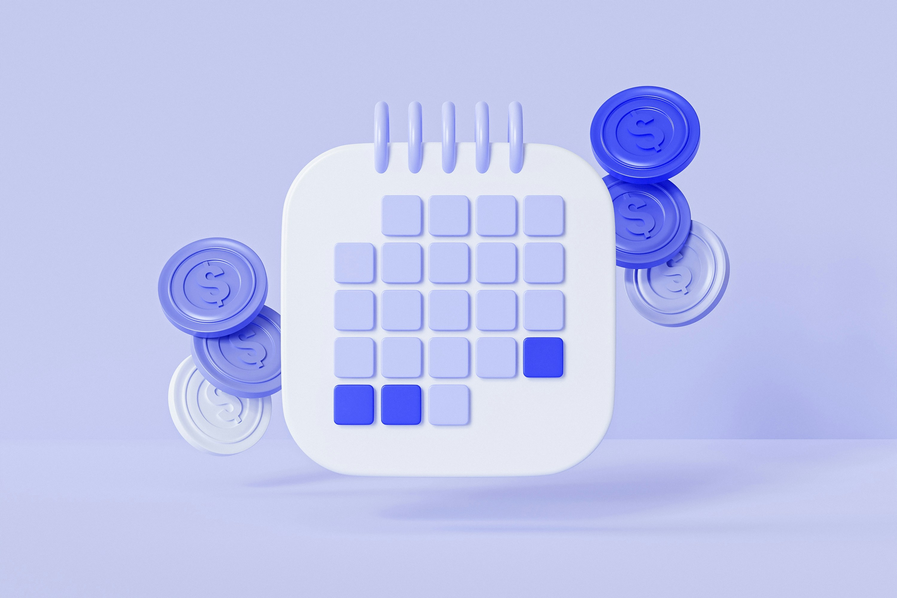 A calendar showing upcoming bills. Floating coins surround the calendar.