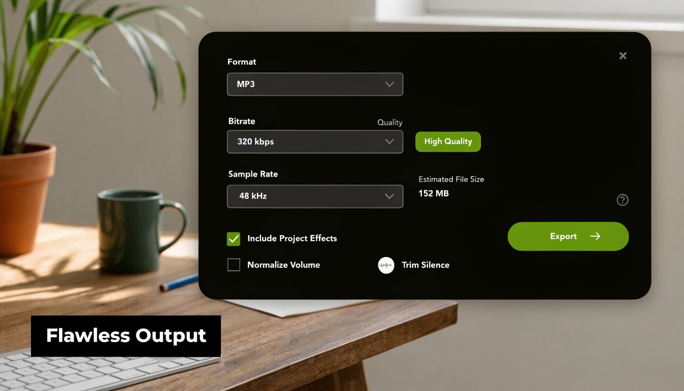 A digital audio export menu with settings for MP3 format, 320 kbps bitrate, and sample rate configuration.