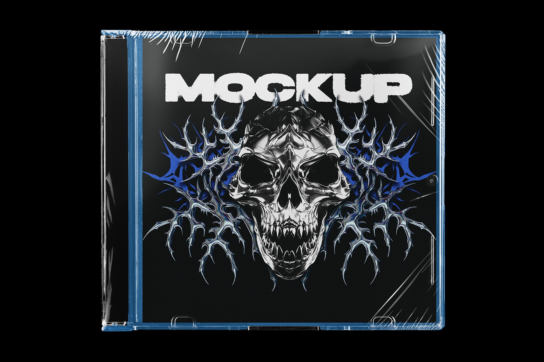 Maxi Single CD Slim Case Mockup showing a metallic skull design with realistic light reflections