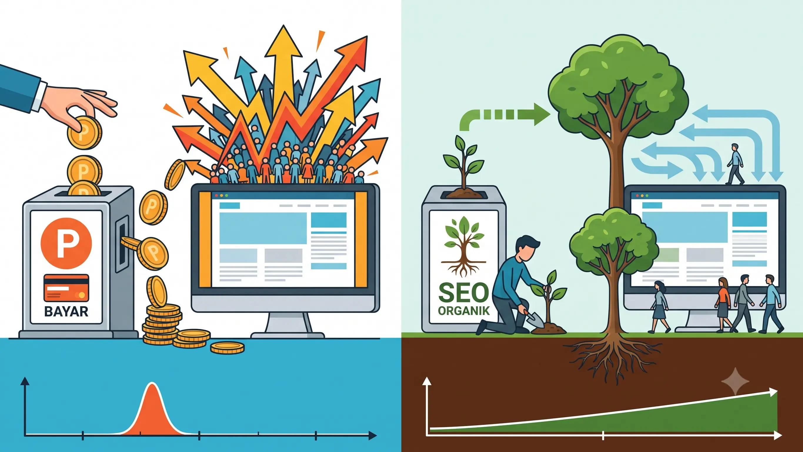 Ilustrasi perbedaan SEO dan SEM