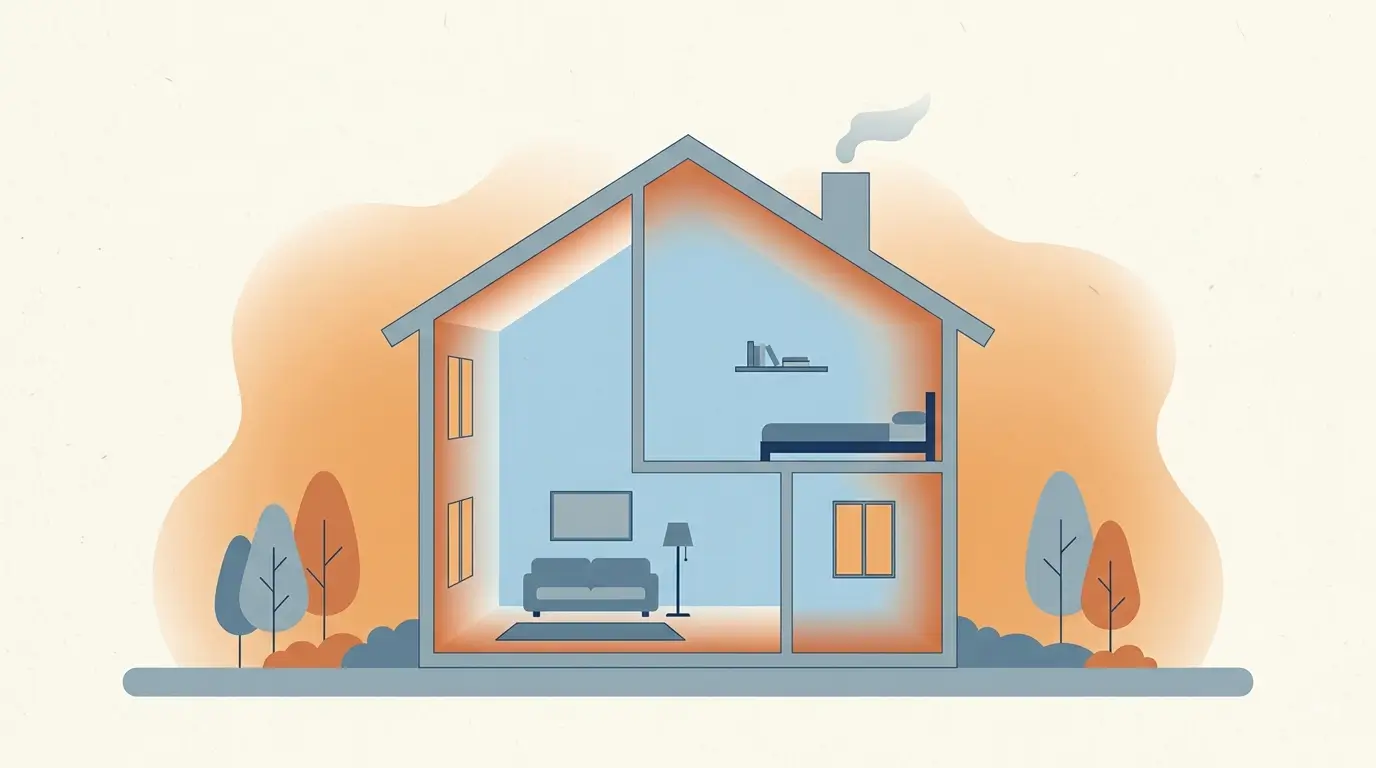 Illustration of a house cross-section showing cool air inside reaching only partway against outdoor heat.