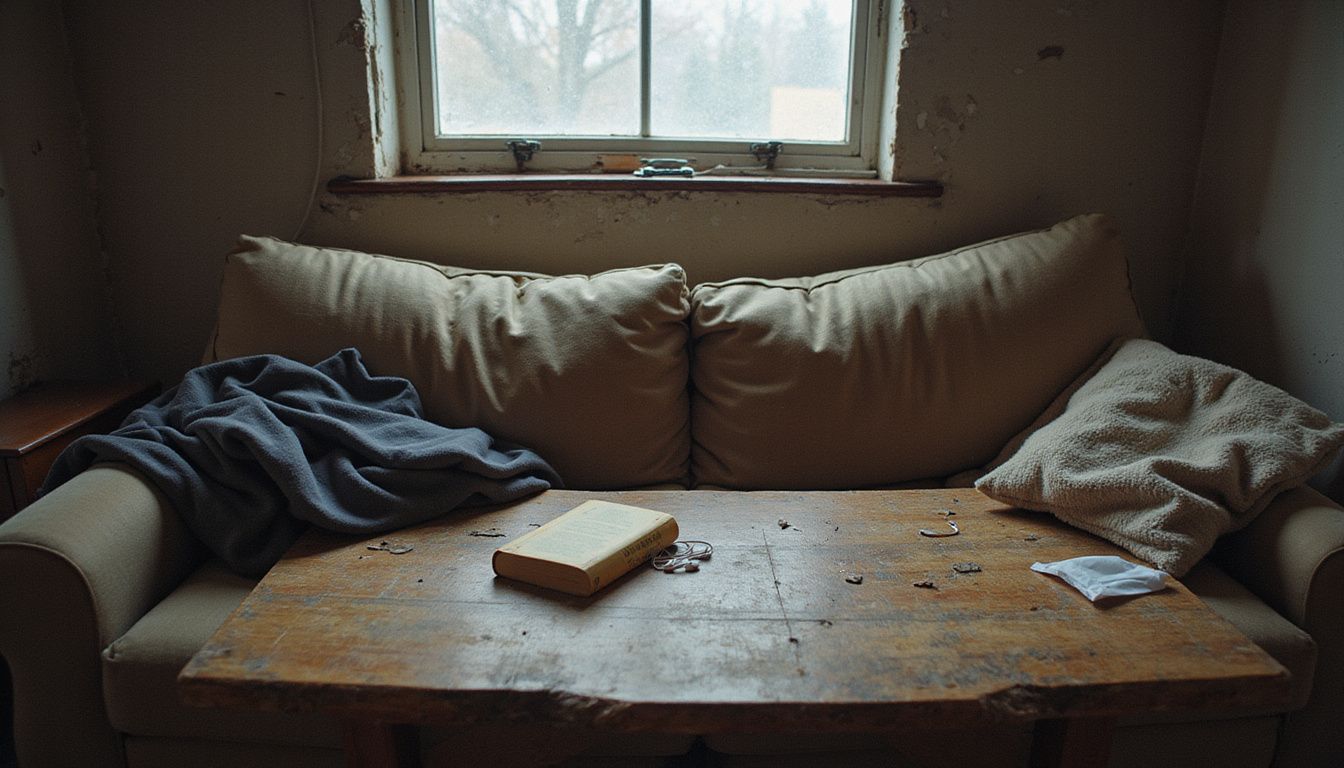 A cluttered Airbnb room with worn furniture and personal items.