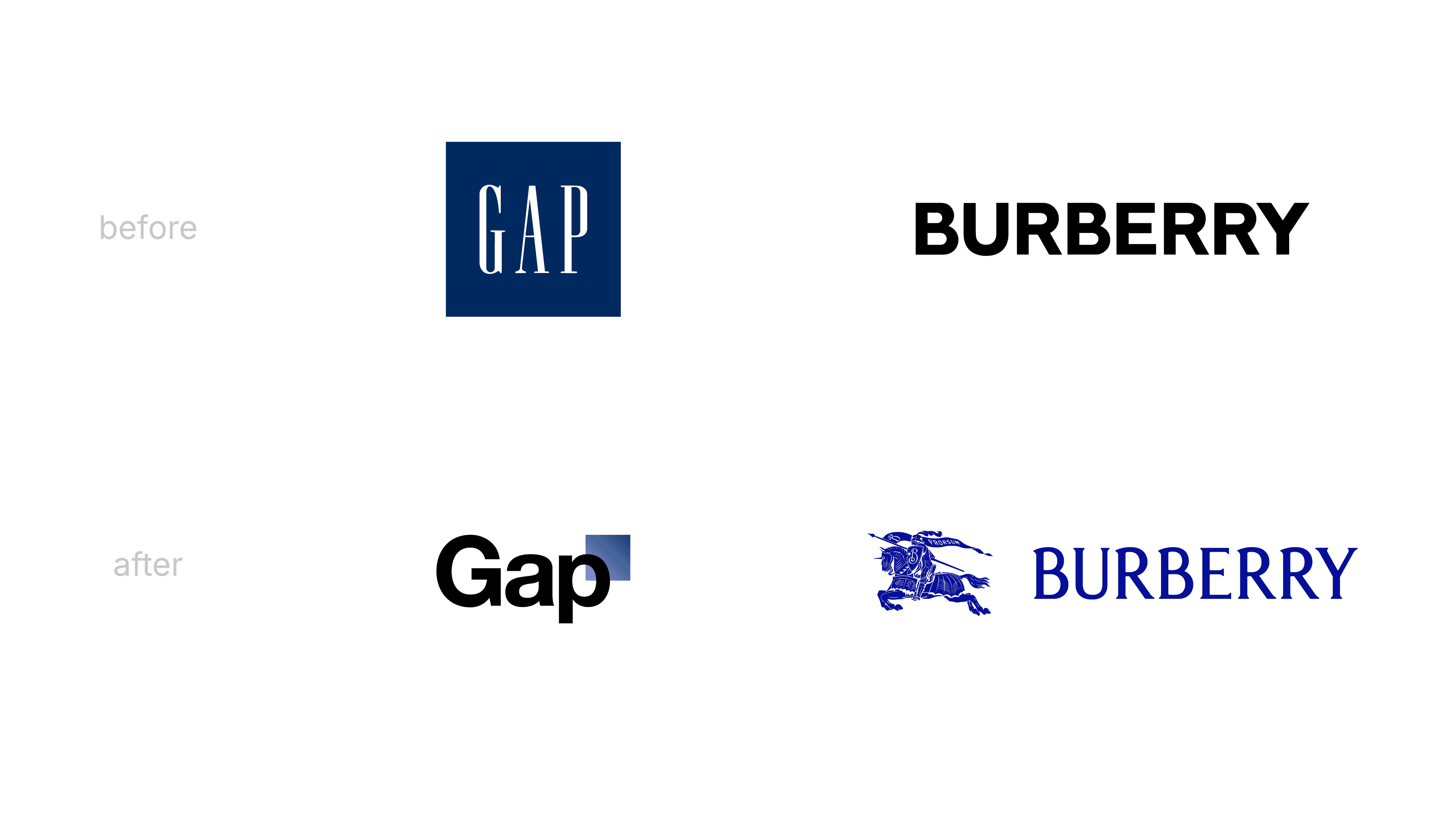 Before and after rebranding comparison of GAP and Burberry showing two very different brand redesign outcomes