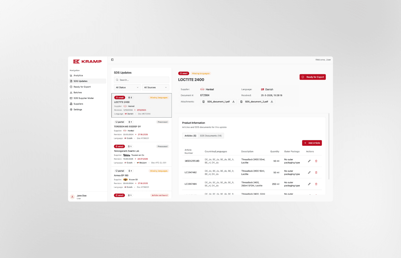 Kramp SDS-updatesscherm met leveranciersoverzicht, taaldetectie en artikelkoppeling per veiligheidsinformatieblad