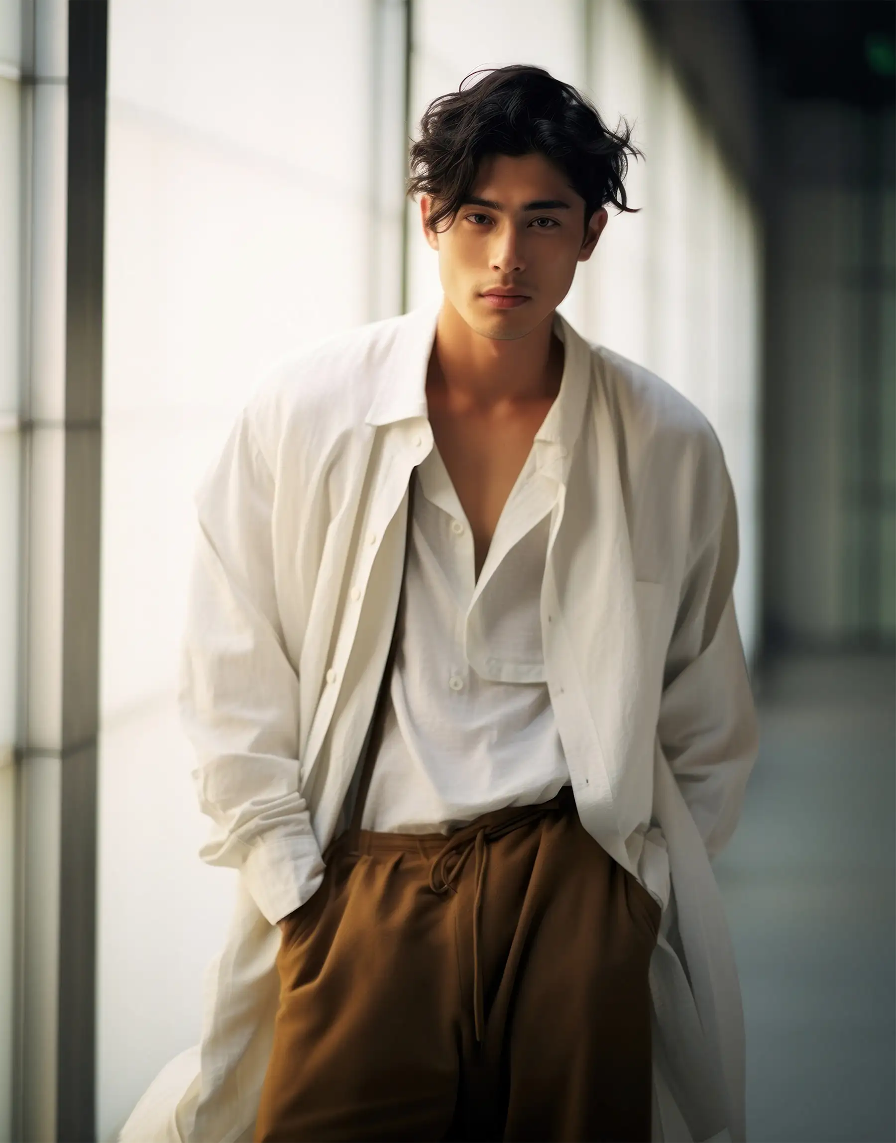 Model in an oversized white linen shirt and tan drawstring trousers in a sunlit glass corridor